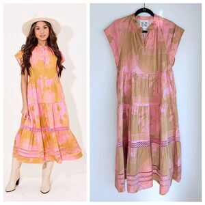 NEW Alden Adair Pippa Cap Sleeve Midi Dress in Secret Garden Pink & Gold Size XS